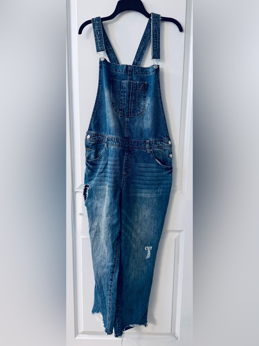 #2212 - Kensie Jeans Bib Overalls Destructed Frayed Hem Medium Wash Blue Denim